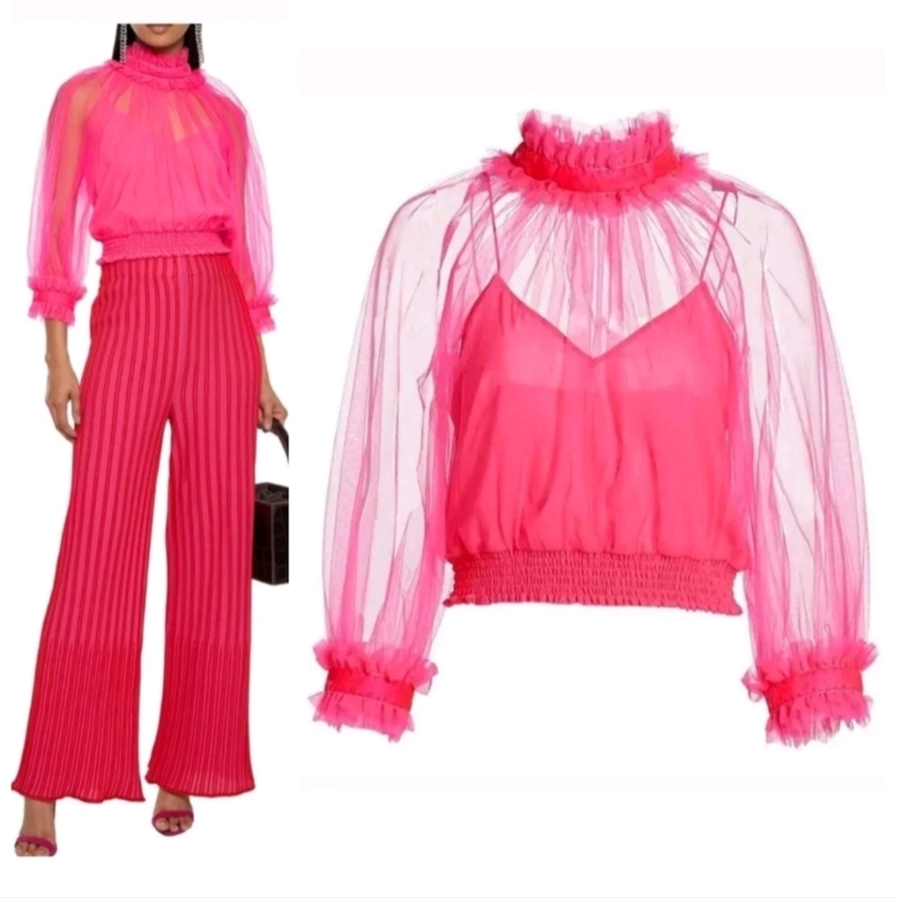 Alice + Olivia Alexia Ruffled Sheer Blouse in Pink Size  XS /S NWOT - Picture 2 of 13